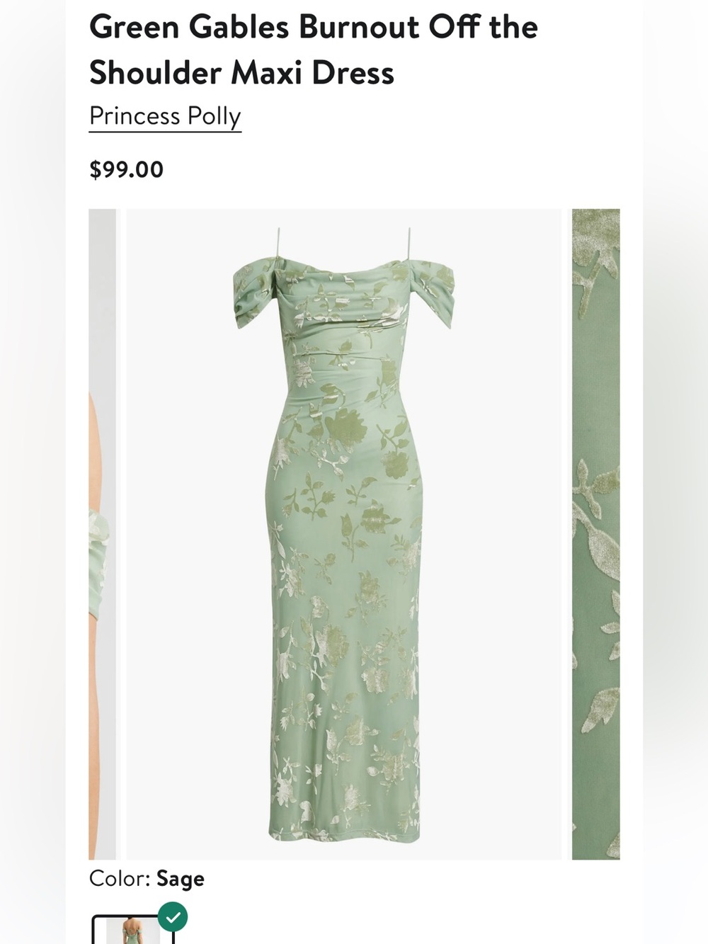Sage Princess Polly Green Gables Burnout Off the Shoulder Maxi Dress